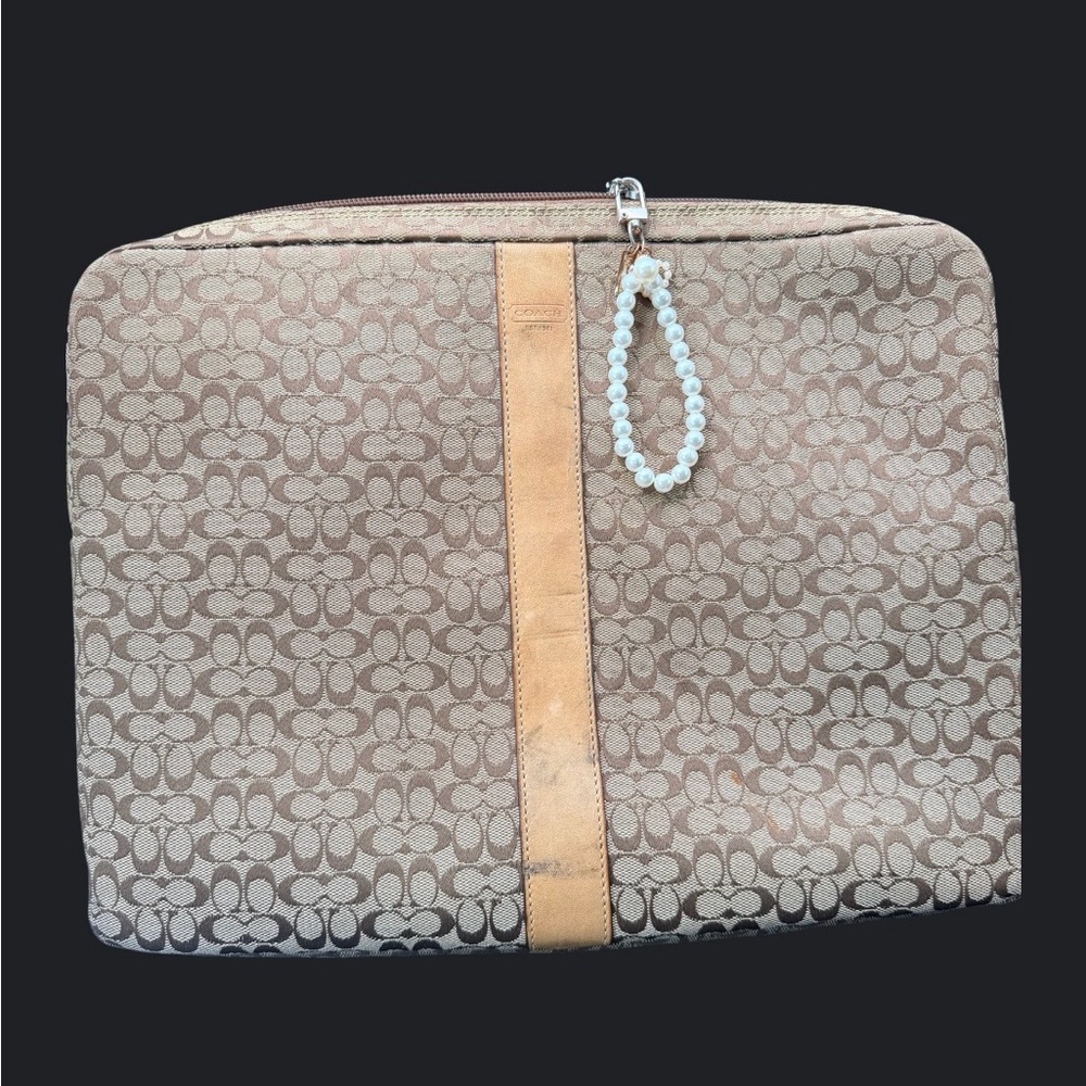 Coach Beige Signature Canvas Tablet Pouch with Tan Leather Trim